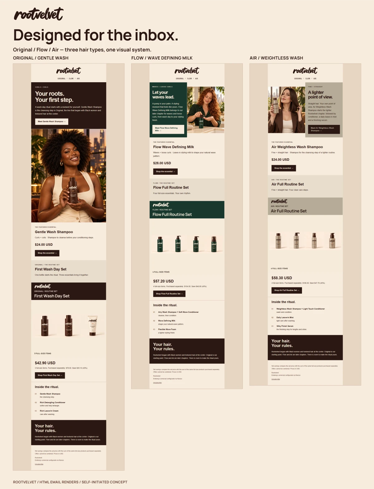 Rootvelvet case study board: Original, Flow & Air — product emails