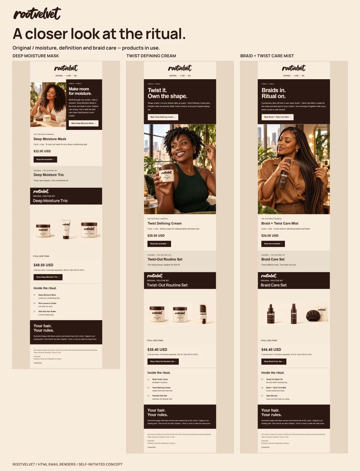 Rootvelvet case study board: Product rituals, brought closer
