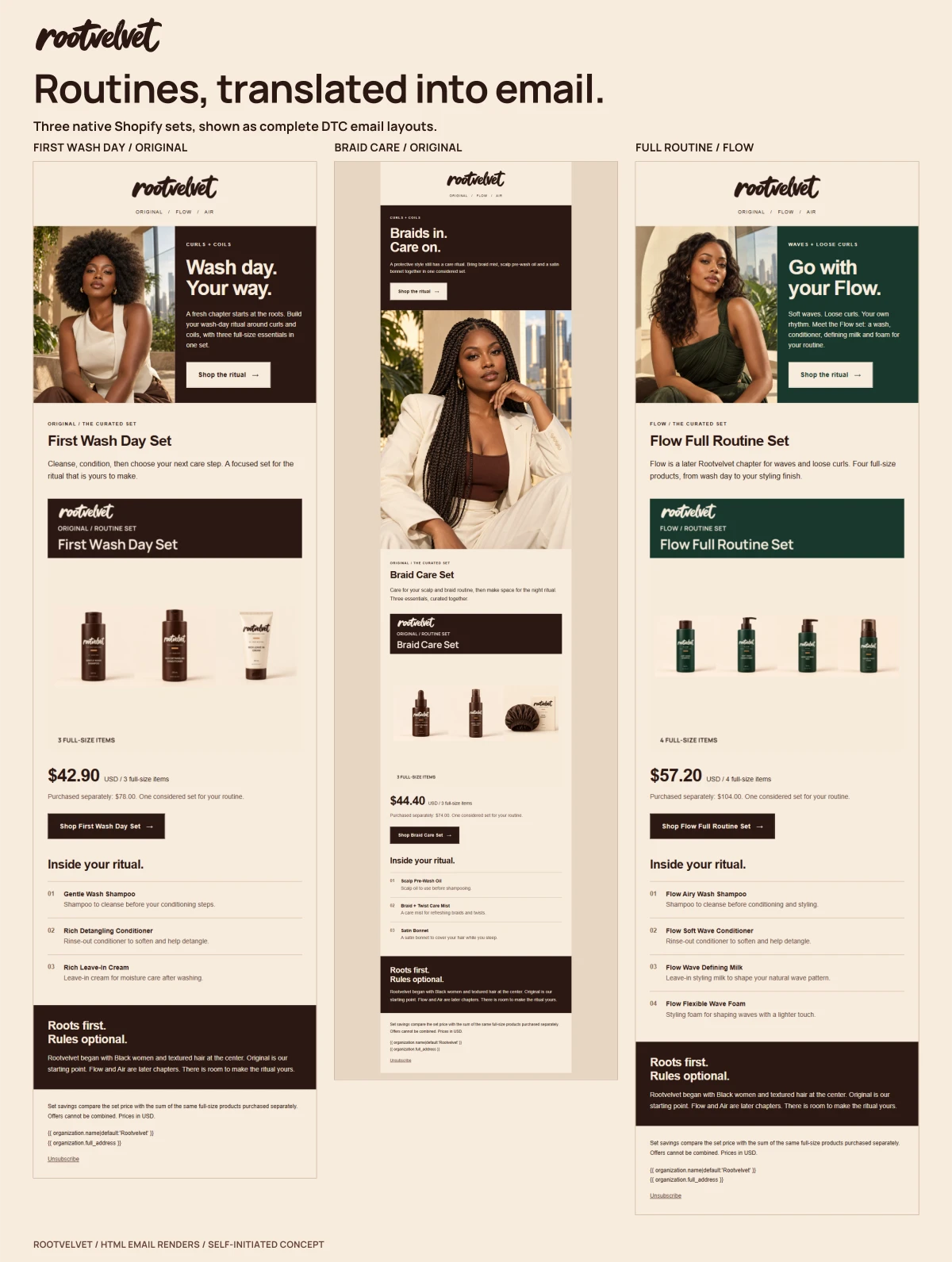 Rootvelvet case study board: Complete routines, delivered to the inbox