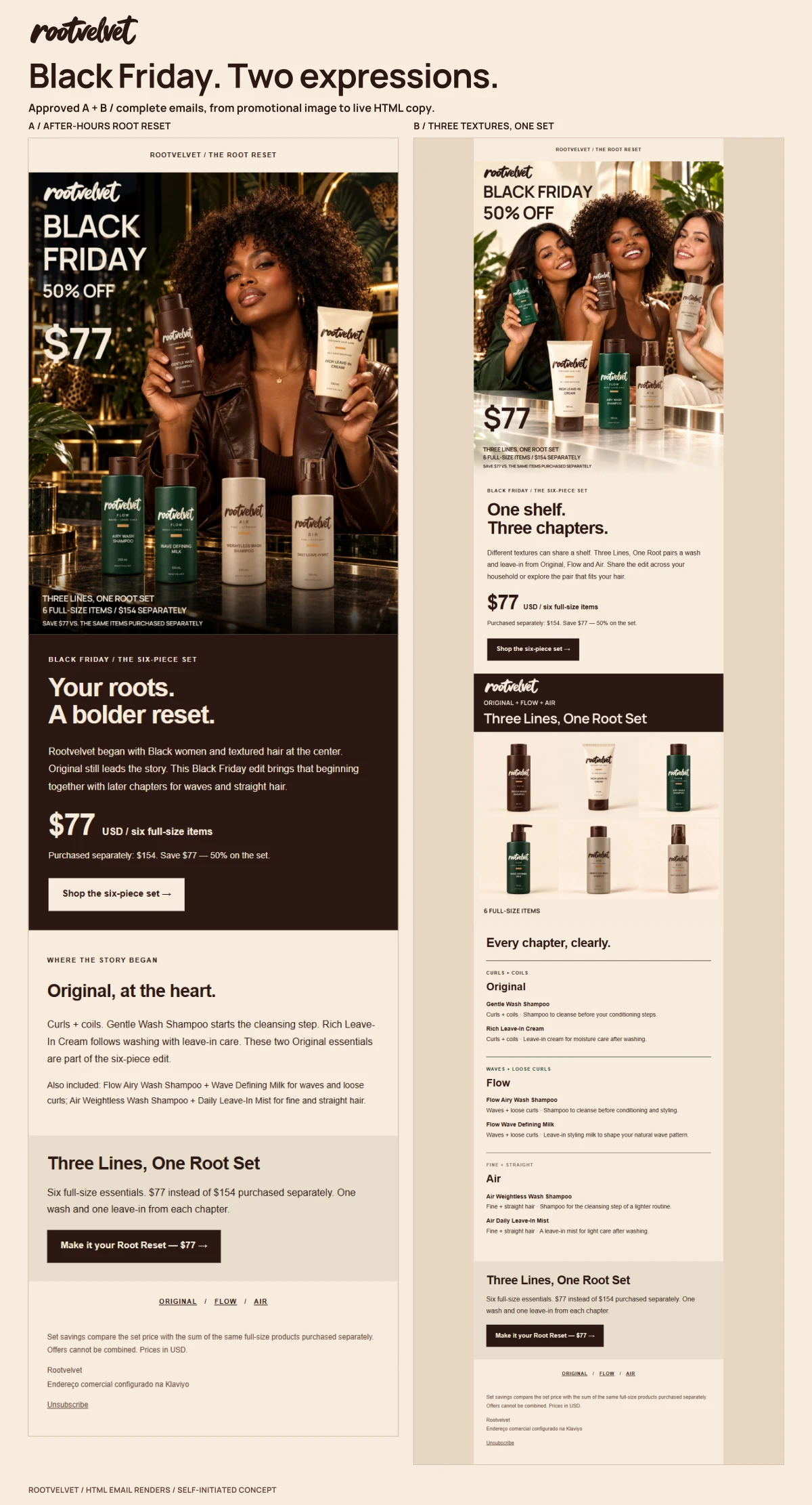 Rootvelvet case study board: Black Friday — two campaign directions