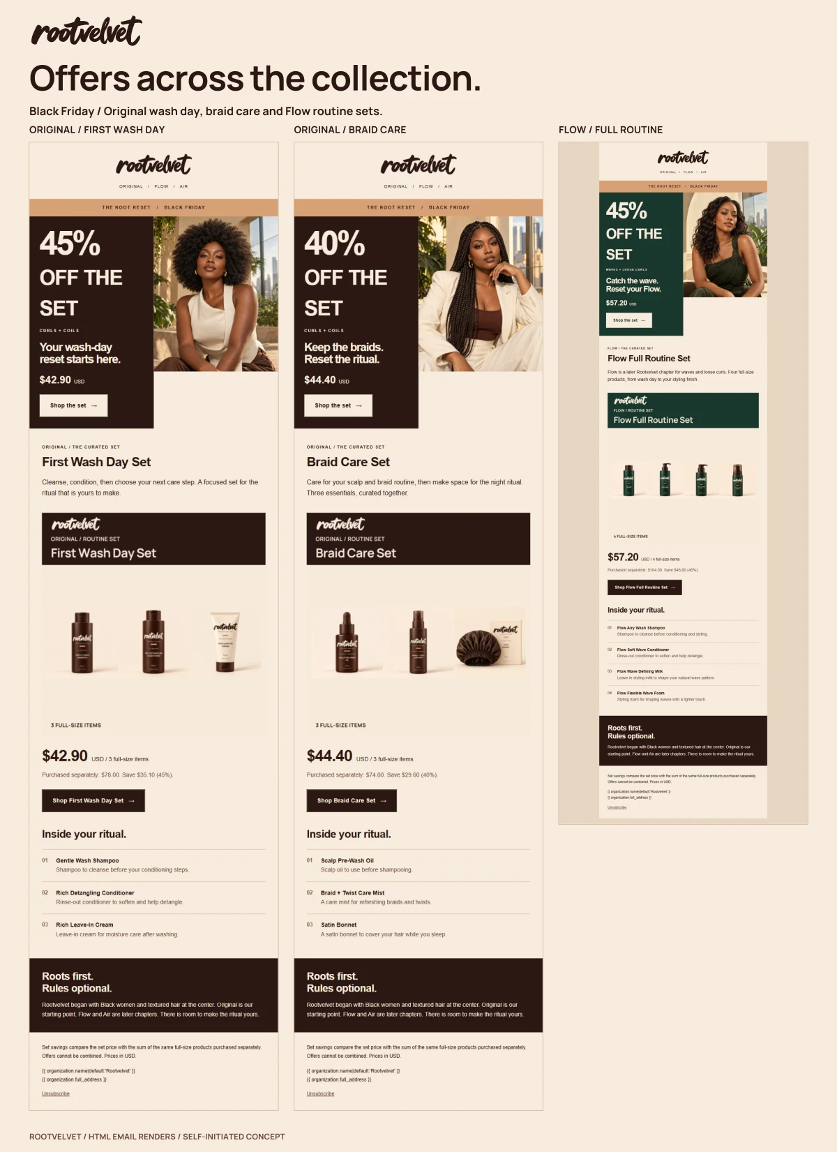 Rootvelvet case study board: Black Friday across the three lines